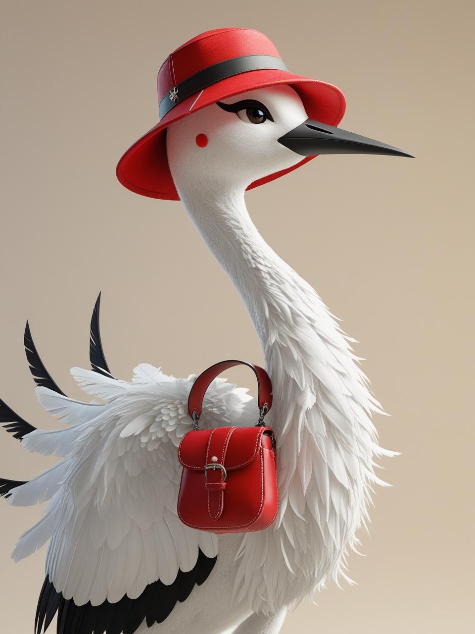 A stylized 3D-rendered anthropomorphic white crane character, standing grac_20250811_192133_0000(1)